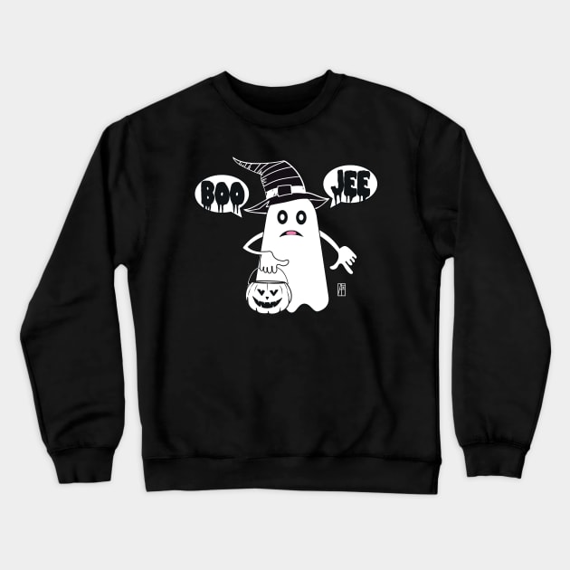 Ghost with pumpkin and hat says BOO JEE - cute Halloween Crewneck Sweatshirt by ArtProjectShop